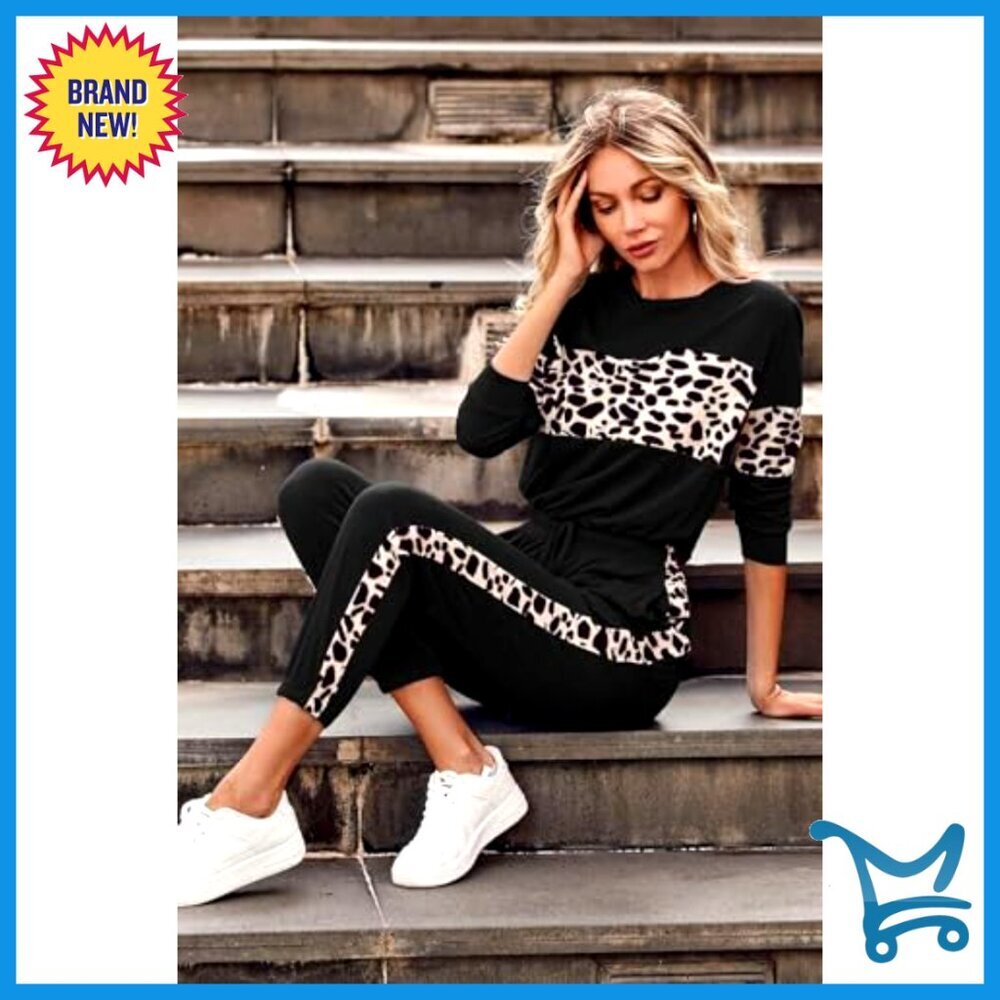 Leopard Print Sweatsuit Set Casual Lounge Wear Y2K Chic Tracksuit with Pockets - Picture 3 of 7